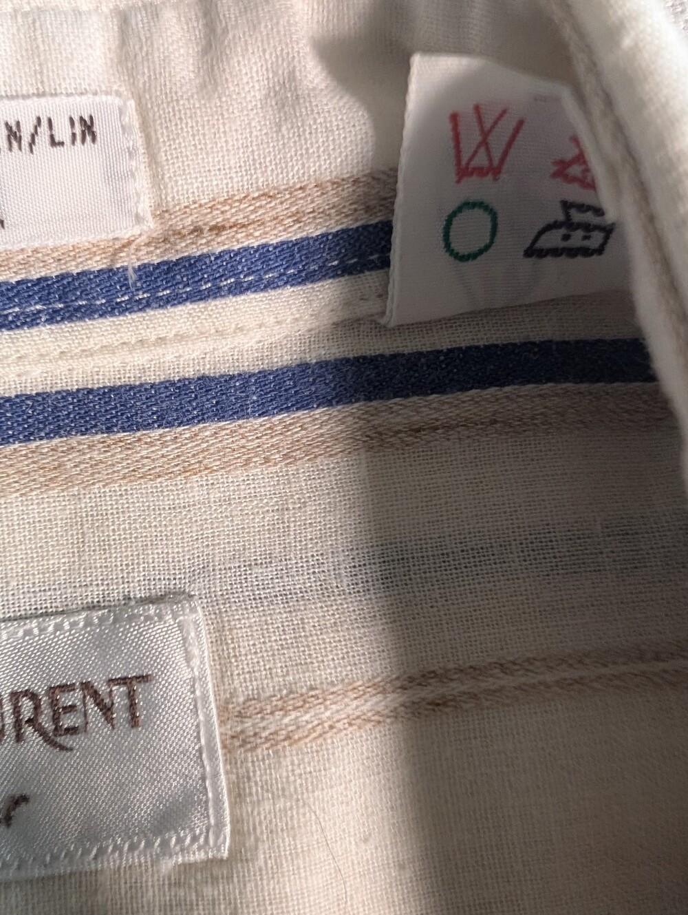 Vintage YSL Yves Saint Laurent Linen Cream Shirt with Blue & Tan Stripes - Picture 4 of 10